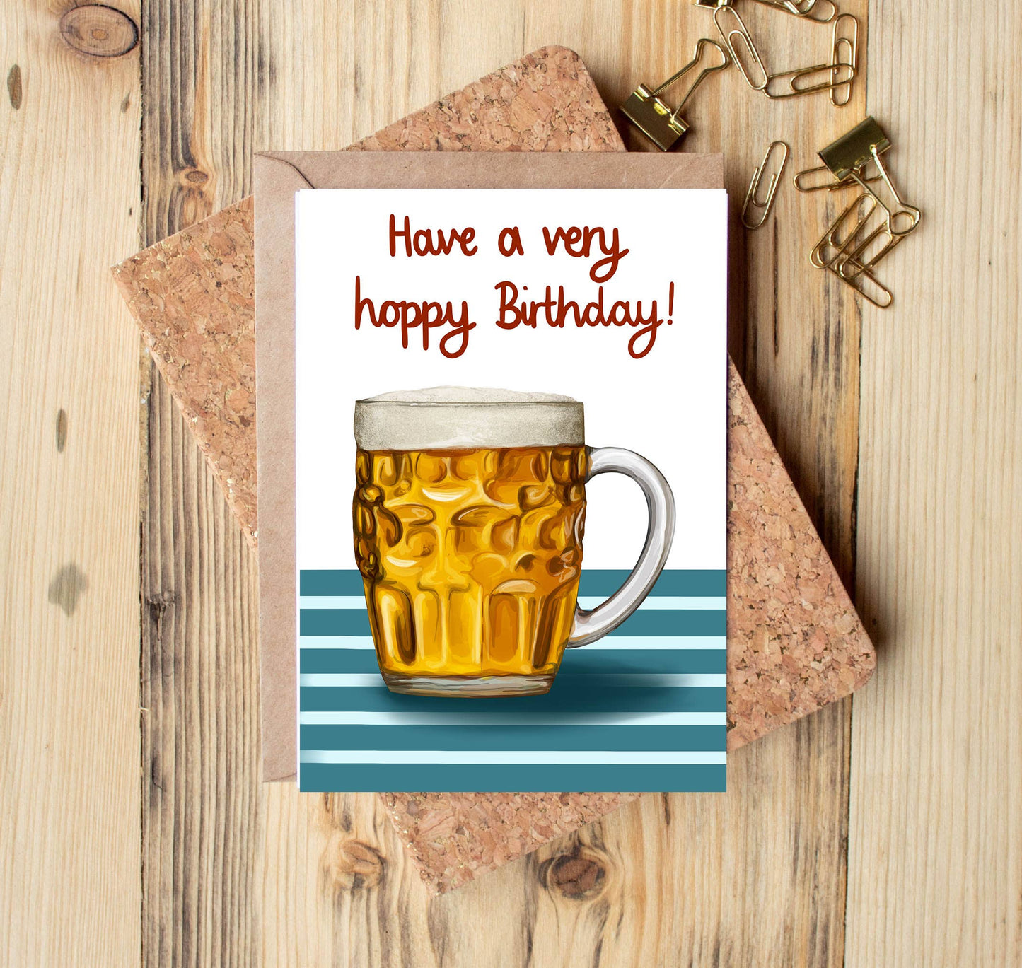 Katie Tinkler illustration - Have a hoppy birthday - beer themed birthday greeting card
