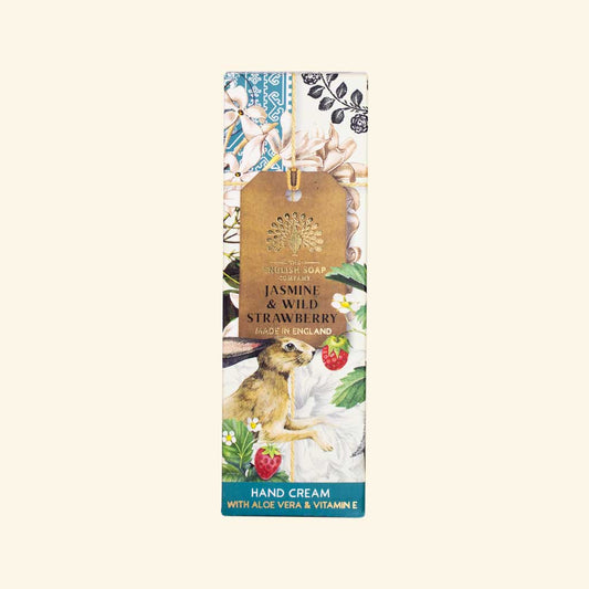 Hand cream packaging with floral design and rabbit illustration on a white background