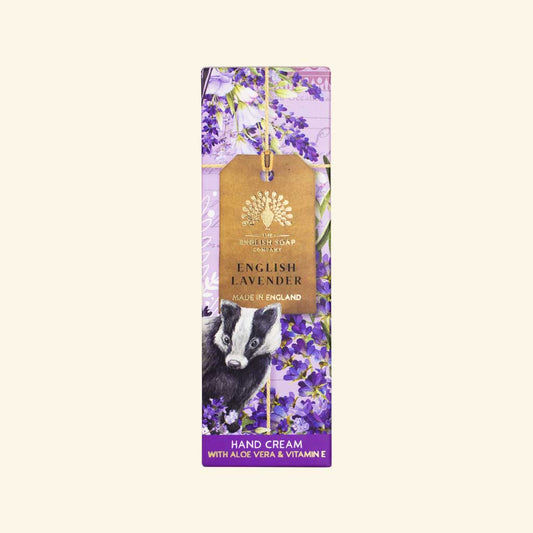 Box of English Lavender hand cream with a badger illustration on a white background