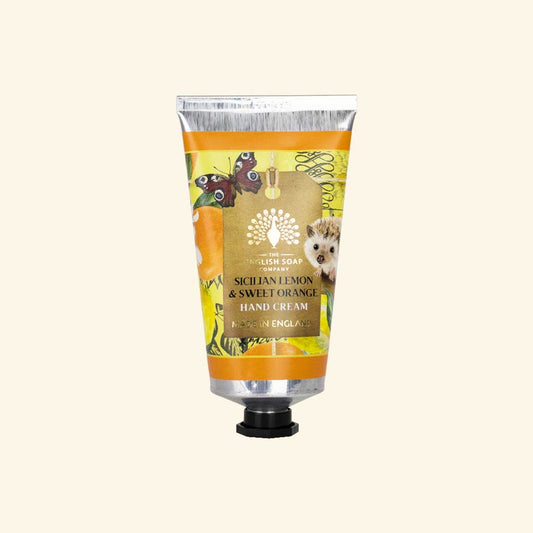 Hand cream tube with Sicilian Lemon & Sweet Orange flavor on a beige background recyclable