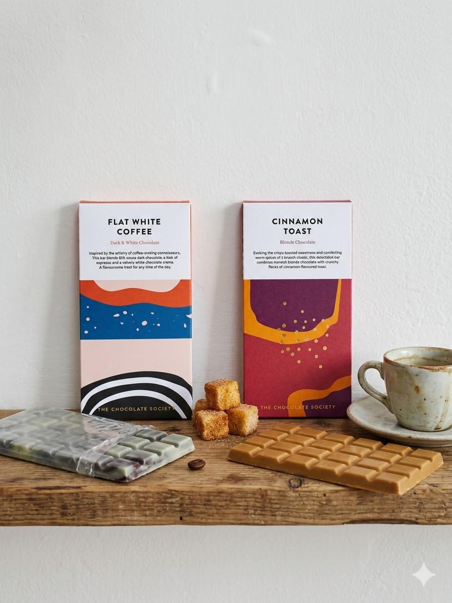 Two chocolate bars with packaging labeled 'Flat White Coffee' and 'Cinnamon Toast' on a wooden surface.