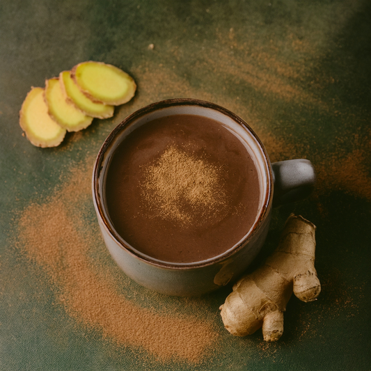 Mug of hot chocolate with ginger slices and root on a dark surface