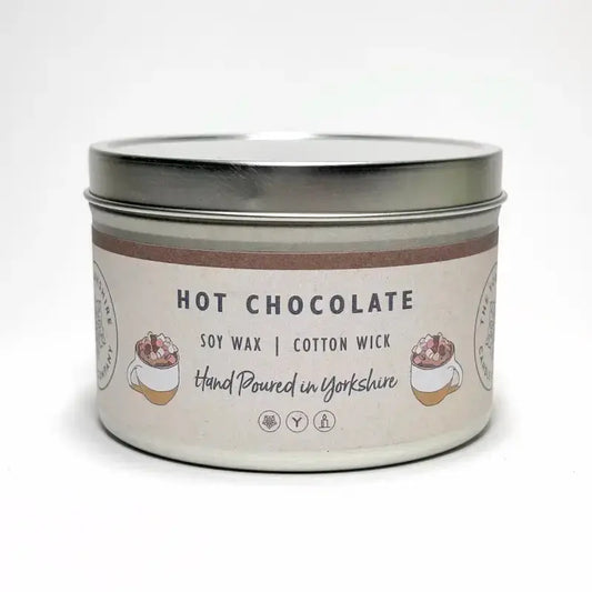 Candle tin labeled 'Hot Chocolate' with soy wax and cotton wick on a white background