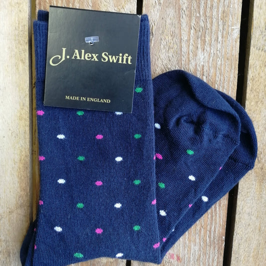J Alex Swift Cotton Polka Dot Socks Dark Blue - Traditional Hathern Craftsmanship