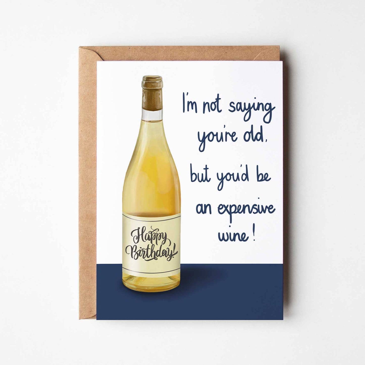 Birthday card with a bottle of wine and humorous text on a white background