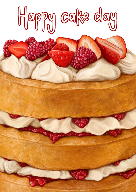 Illustration of a layered cake with berries and whipped cream, text 'Happy cake day' above.