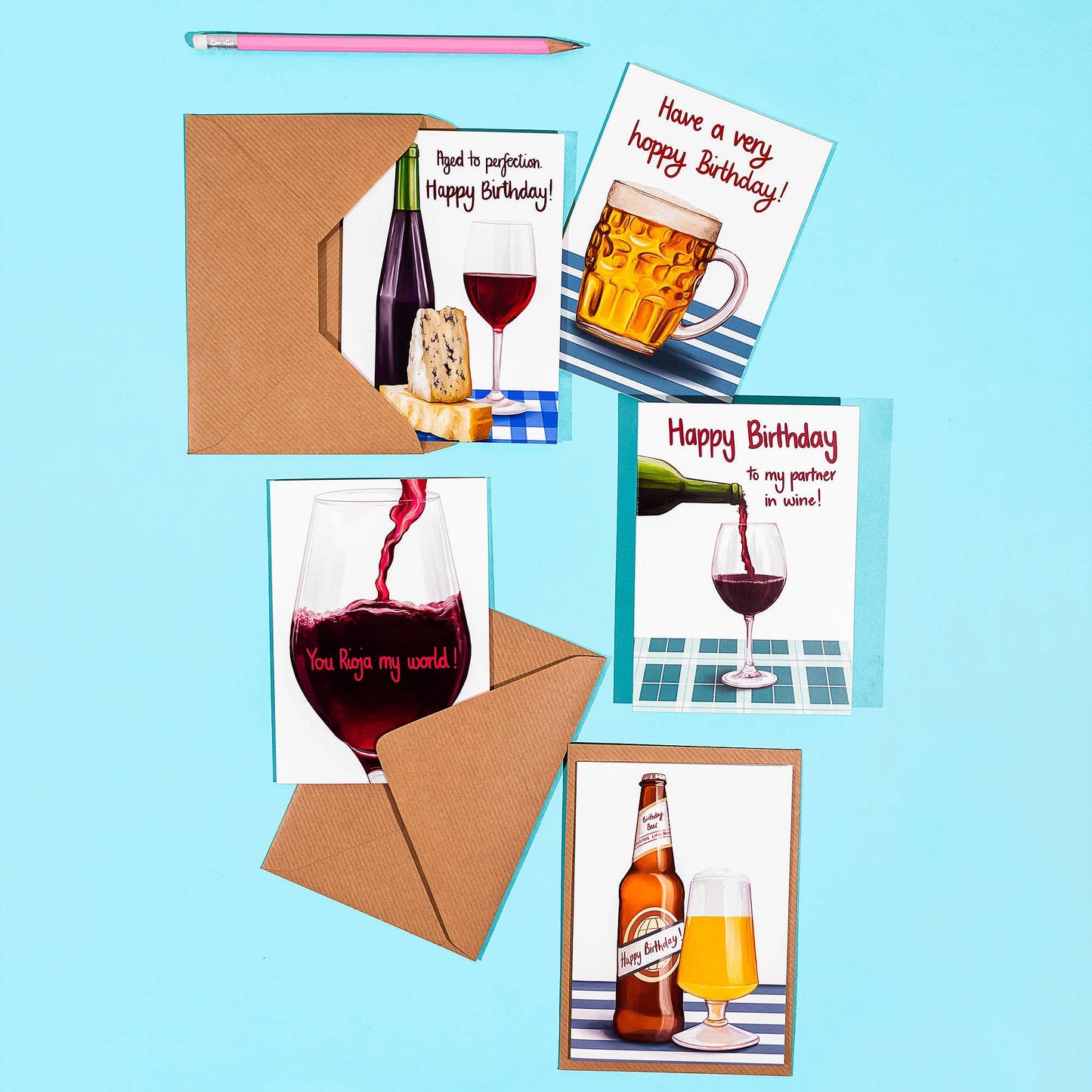 Collection of birthday cards with wine and beer graphics on a blue background
