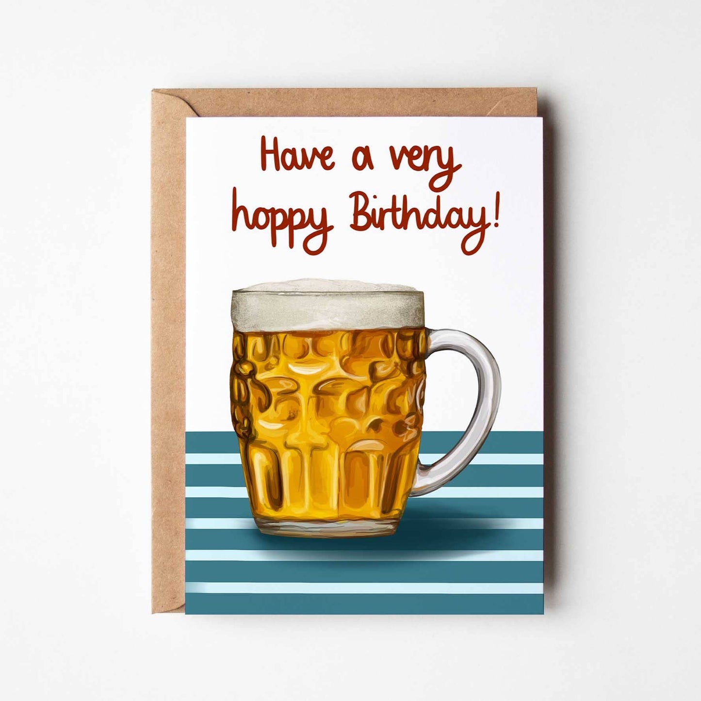 Greeting card with a beer mug and 'Have a very hoppy Birthday!' text on a white background