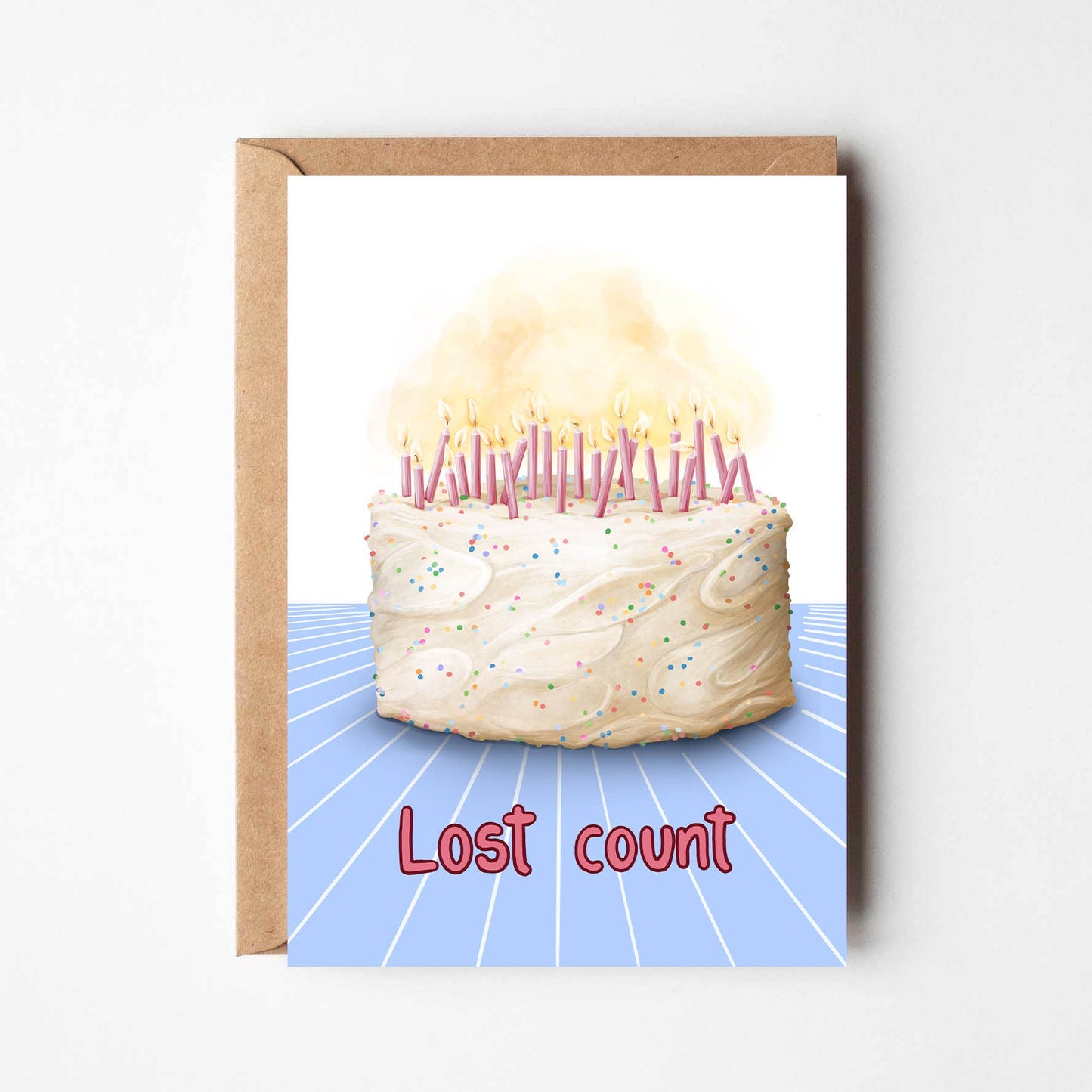 Greeting card with a birthday cake illustration and 'Lost count' text on a white background