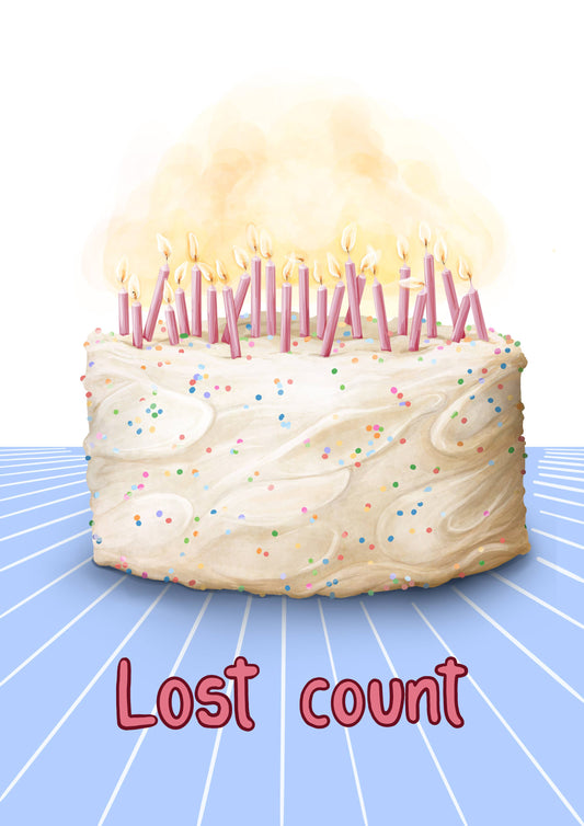 Birthday cake with lit candles and 'Lost count' text on a blue background