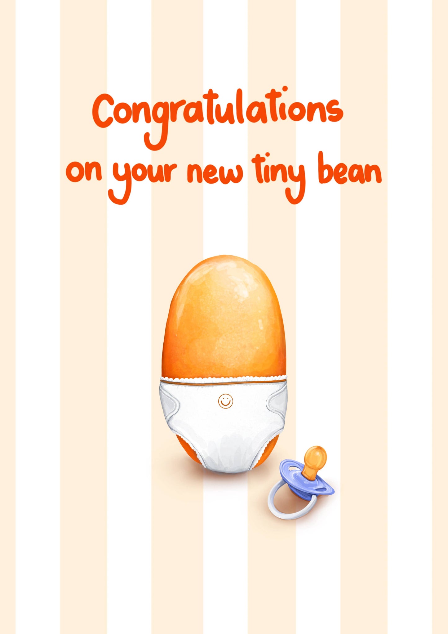 Newborn baby shower card with orange baby bottle and pacifier on a striped background