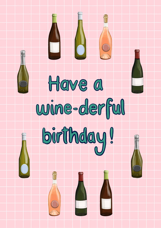 Wine bottles on a pink grid background with 'Have a wine-derful birthday!' text.