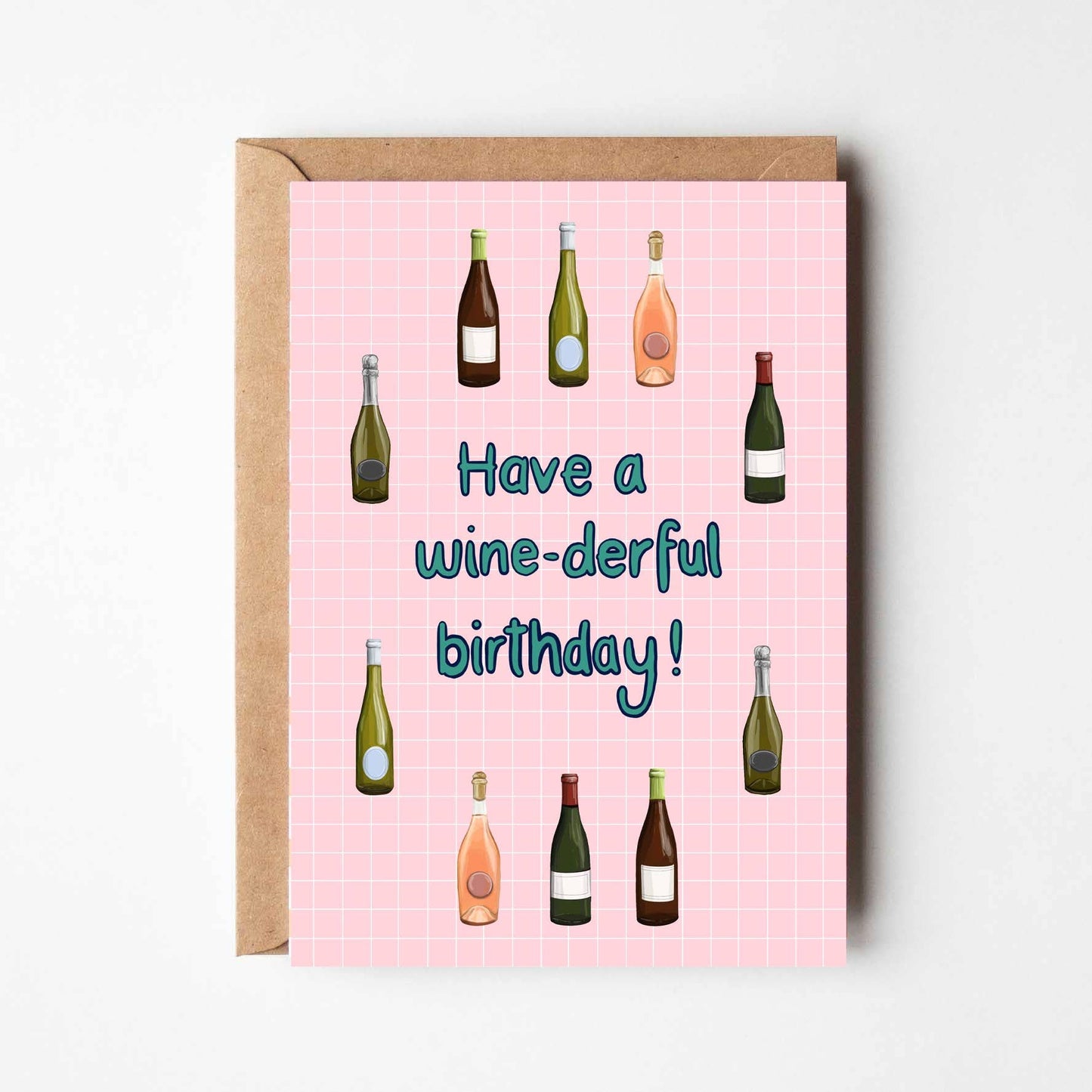 Greeting card with wine bottle illustrations and 'Have a wine-derful birthday!' text on a pink background.