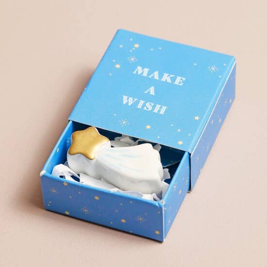 Shooting gold star on top in a blue box with 'MAKE A WISH' text