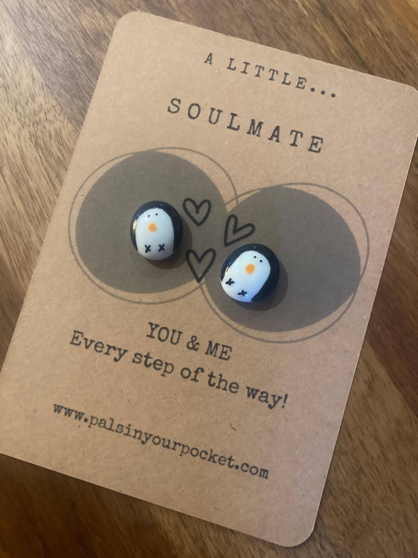 Pair of charms on a 'Soulmate' themed card with a brown background