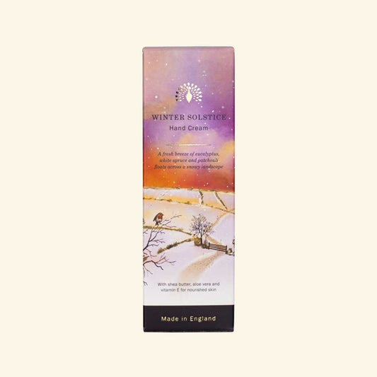 Hand cream packaging with winter solstice design on a white background