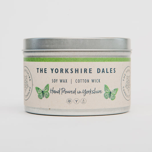 Candle tin labeled 'The Yorkshire Dales' with a white background