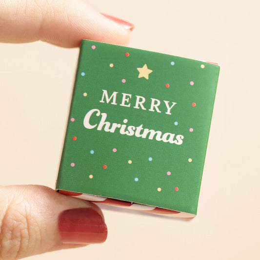 Small green book with 'Merry Christmas' text held by a hand on a beige background