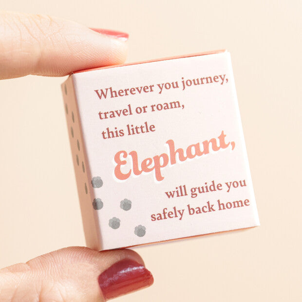 Small matchbox 'this little Elephant' held by a hand on a beige background