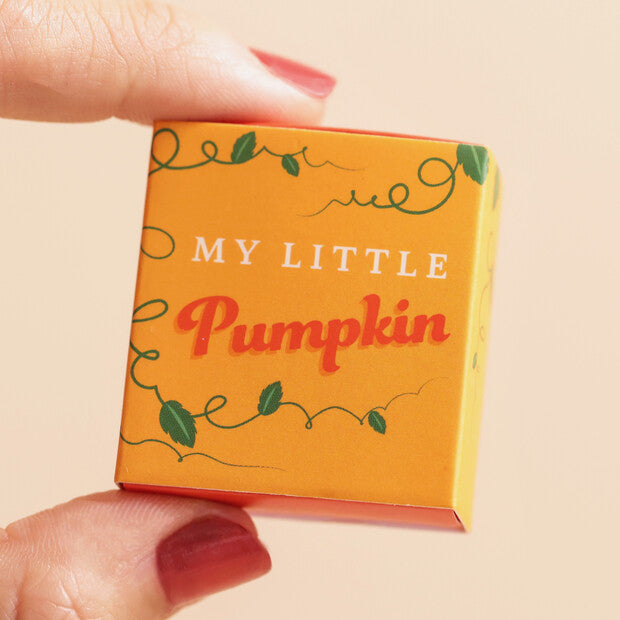 Small orange box with 'My Little Pumpkin' text held by a hand on a beige background