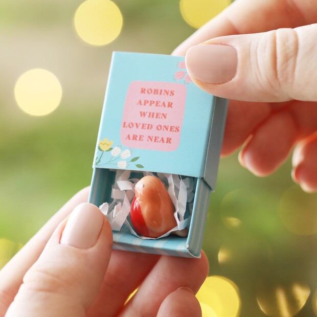 Small decorative box with a robin figurine and text held by hands against a blurred natural background