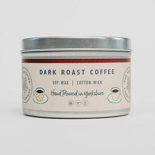 Candle in a tin labeled 'Dark Roast Coffee' with a white background
