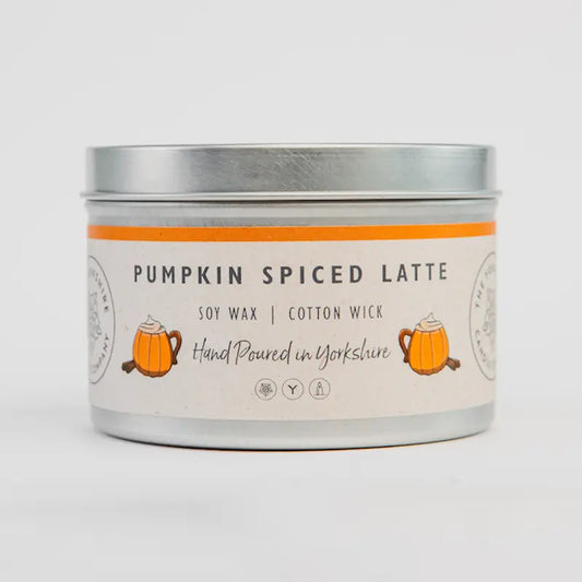 Candle tin labeled 'Pumpkin Spiced Latte' with a white background