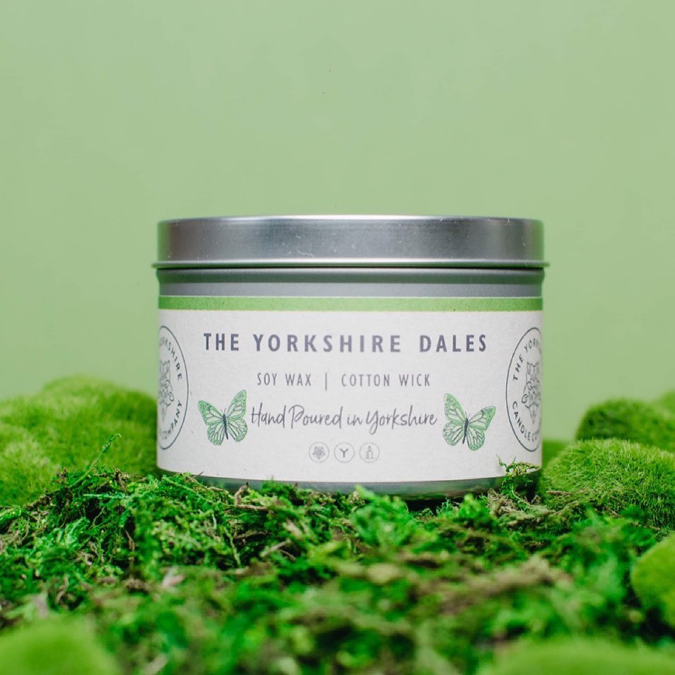 Candle tin labeled 'The Yorkshire Dales' on a green background