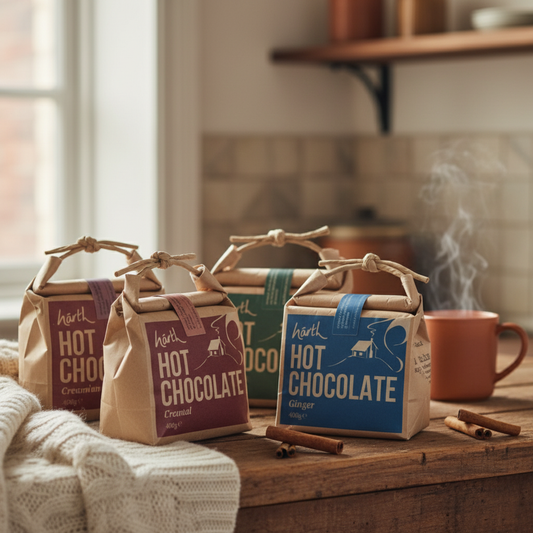 A collection of Harth Hot Chocolate bags displayed in Soar Trading Co
