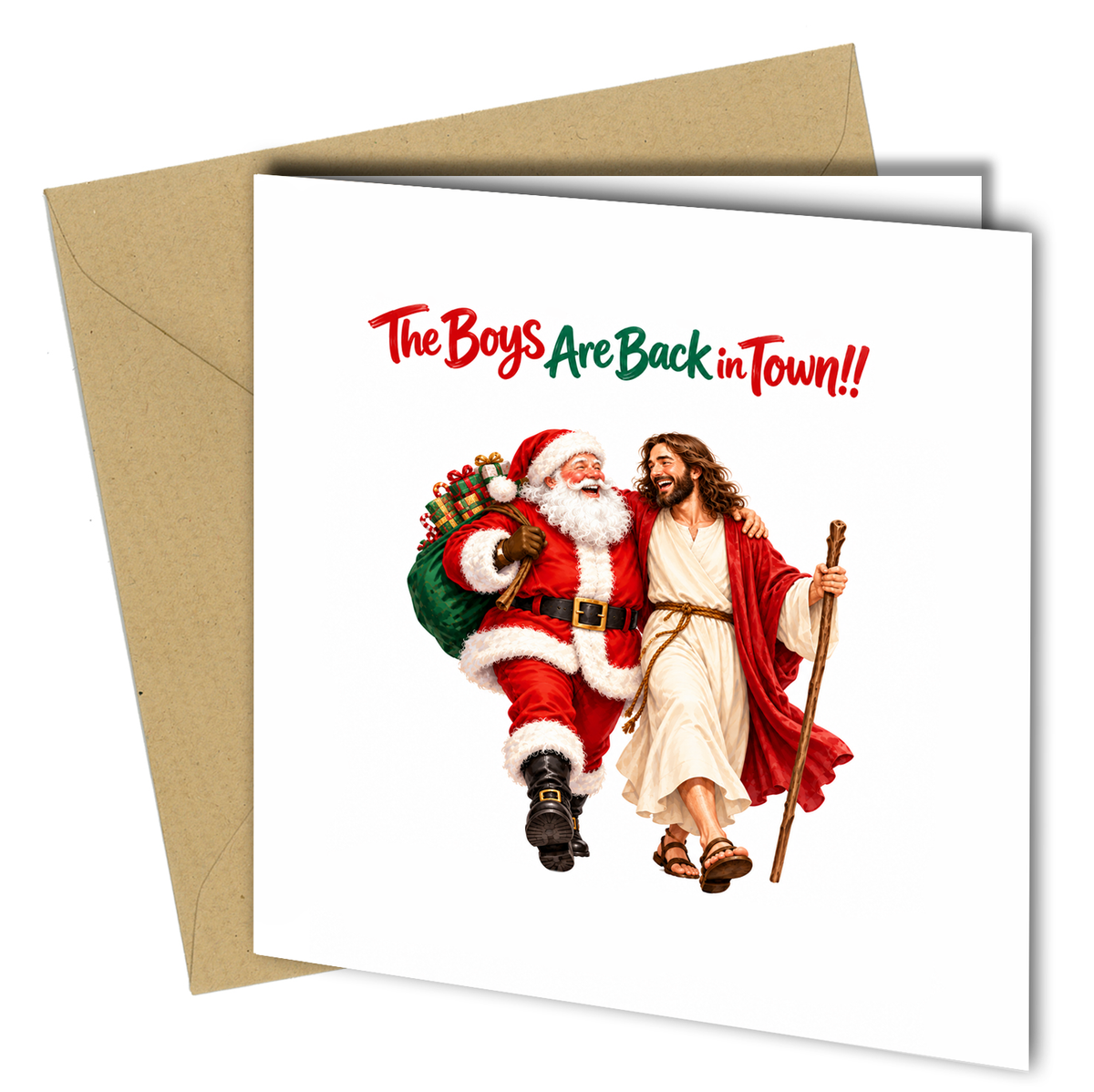 Close to the Bone Greeting Cards and Gifts - Funny Christmas Card Santa Jesus Boys Back In - cb124
