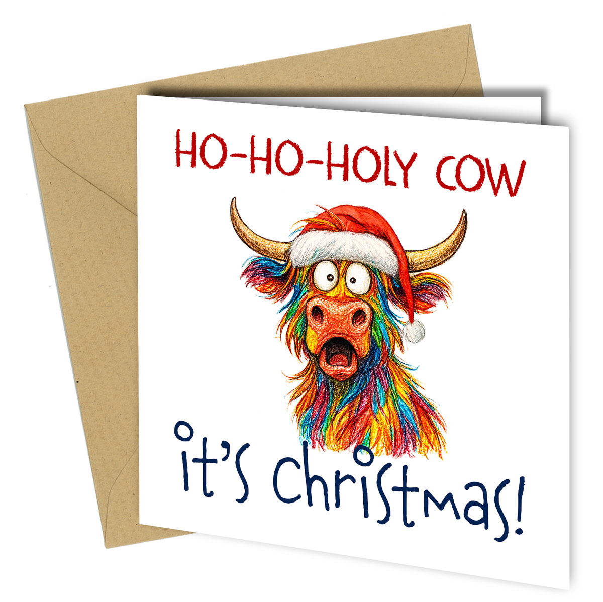 Close to the Bone Greeting Cards and Gifts - Funny Highland Cow Christmas Card – “Ho-Ho-Holy Cow  - cb018