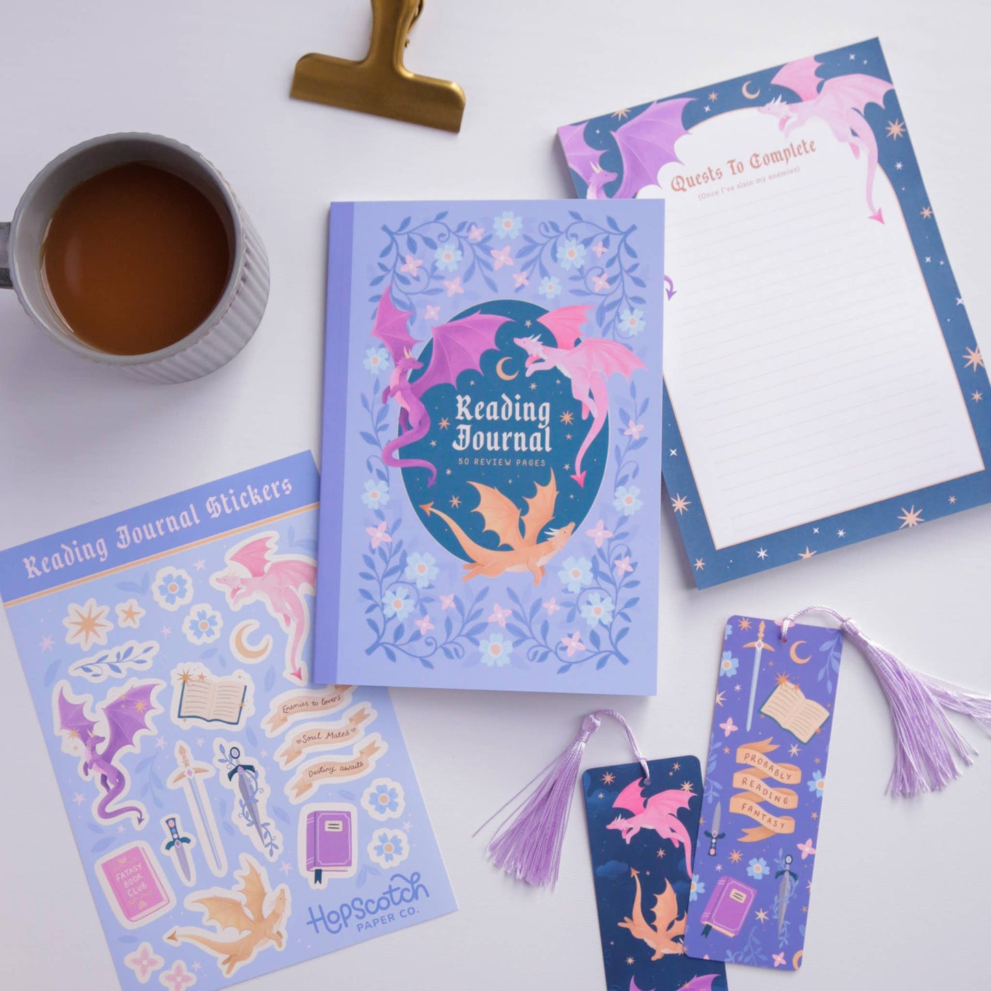 Hopscotch Paper Co. - Reading Journal Dragon, Cosy Quest – 50 Book Review Notebook