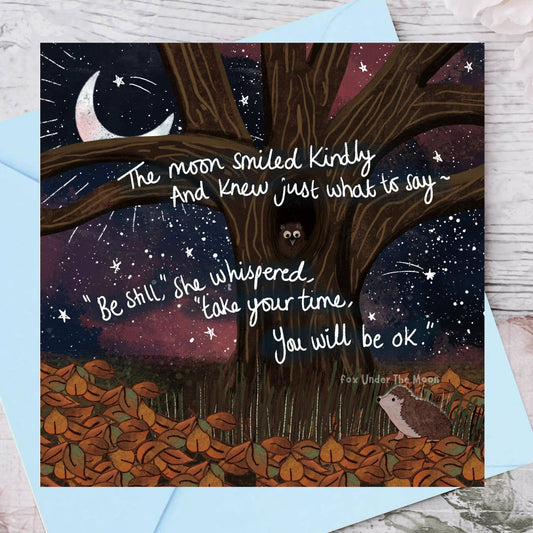 Greeting card with a tree, moon, and owl under a starry night sky with a quote.