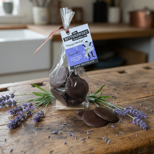 Lavender Dark Chocolate Thingy Me Jigs - round dark chocolate disks infused with organic French lavender oil, vegan and gluten-free artisan chocolate