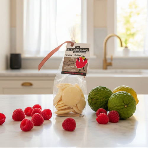 Packaged product with a label on a kitchen counter with fruits