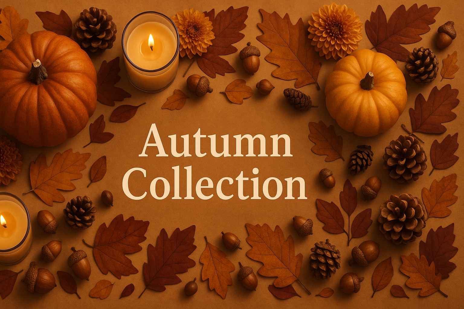 Autumn banner with warm autumn colors including burnt orange, golden yellow, and burgundy, featuring pumpkins, fallen leaves, acorns, pine cones, and seasonal candles in a cozy style