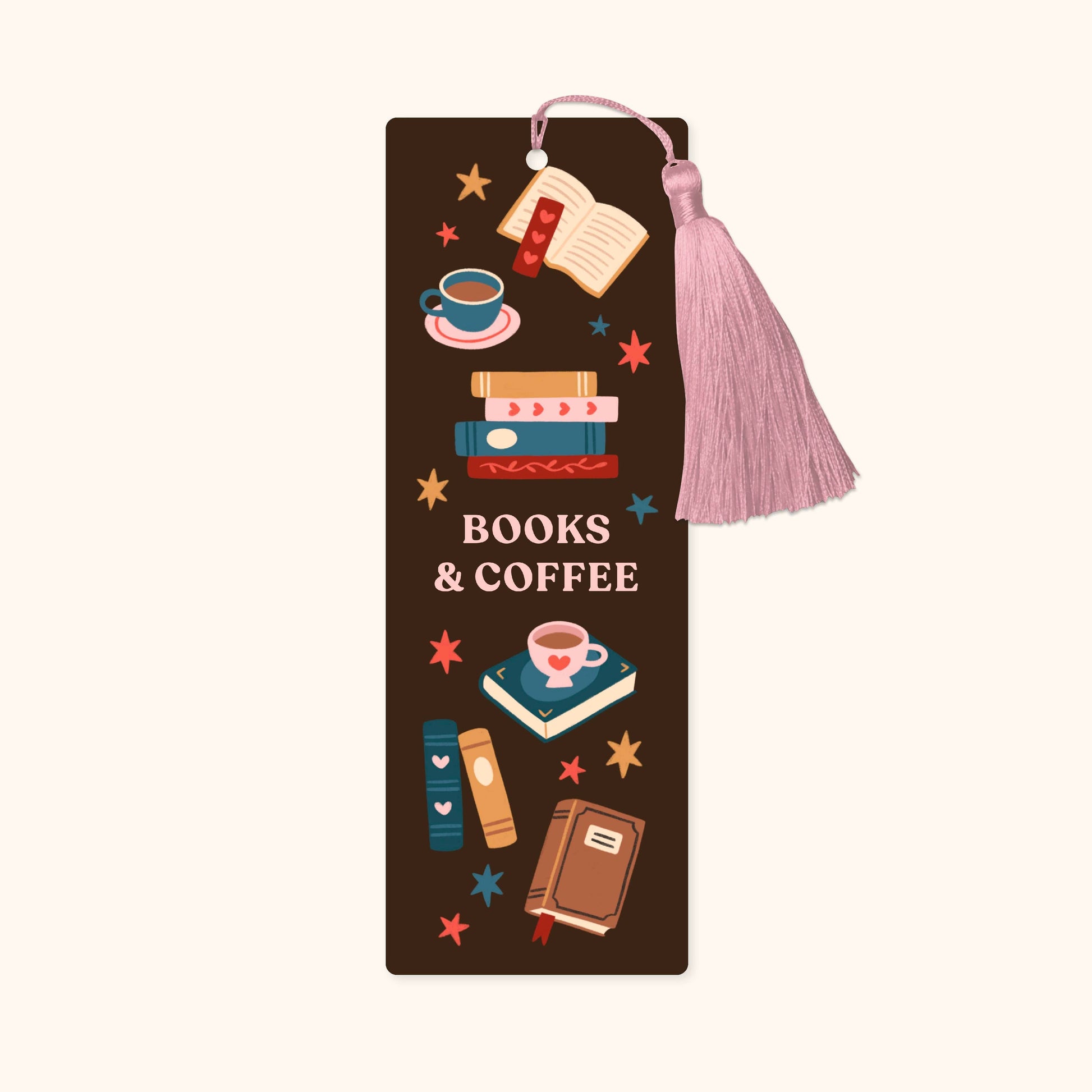 Bookmark with books and coffee design on a brown background