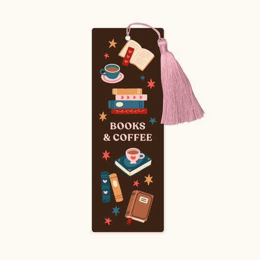 Bookmark with books and coffee design on a brown background