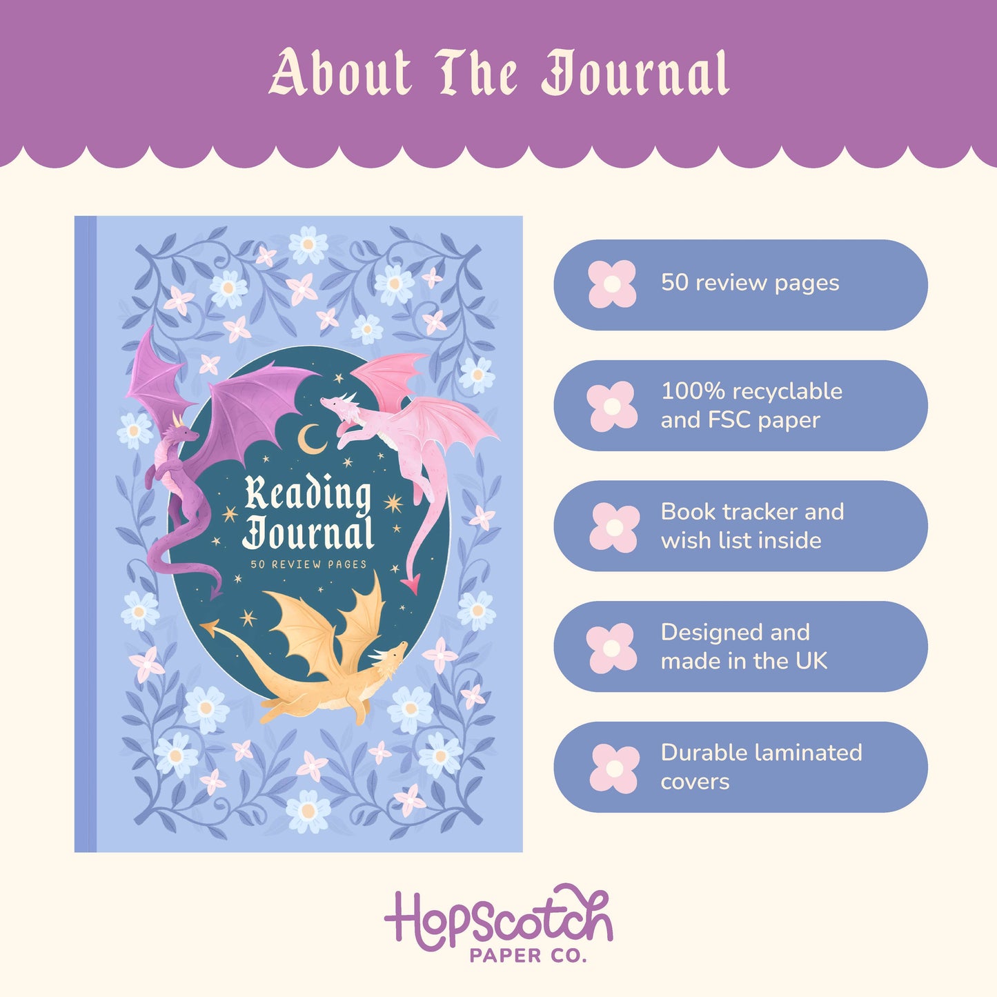 Hopscotch Paper Co. - Reading Journal Dragon, Cosy Quest – 50 Book Review Notebook
