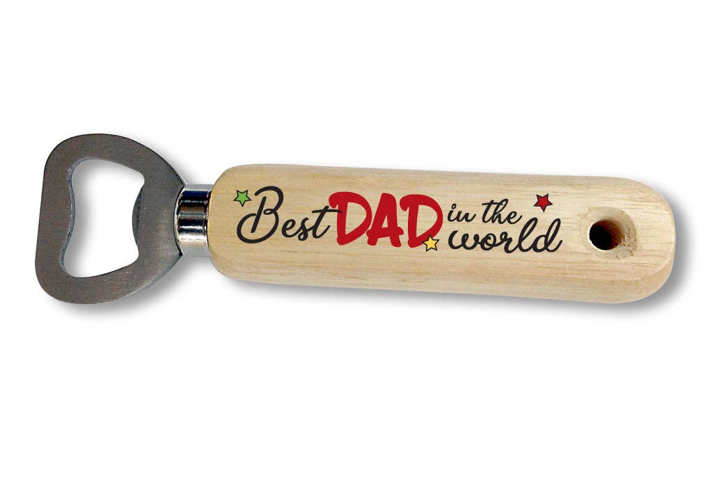 Best Dad in the World bottle opener by Close to the Bone, with red and black lettering, colourful stars and a hanging hole in the pale wooden handle