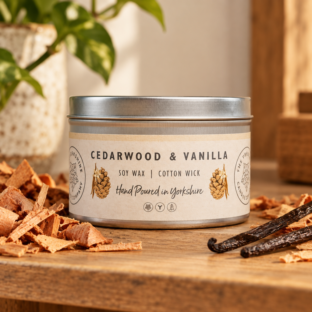 Cedarwood and Vanilla candle lifestyle photo