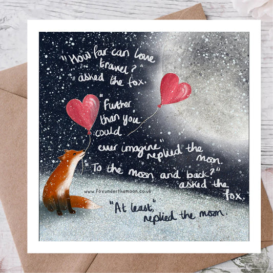Card with a fox holding a heart-shaped balloon, surrounded by snowflakes and a quote.