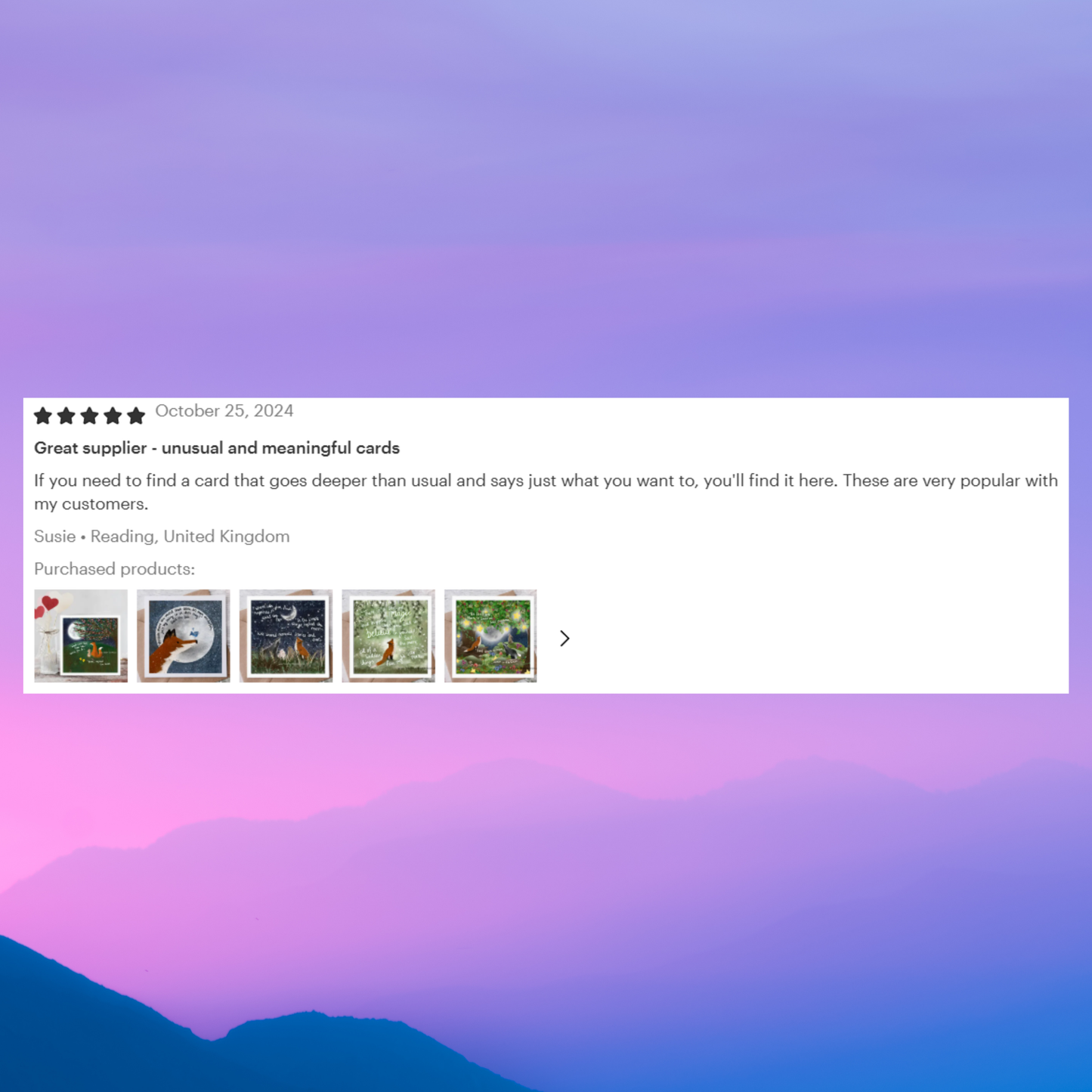 Product reviews with images of cards on a gradient background