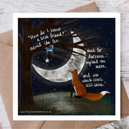 Card with fox and bird illustration under a moonlit sky, featuring text.