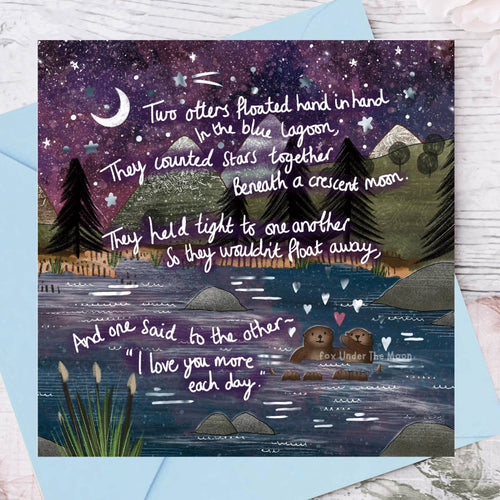 Greeting card with a romantic scene of two bears by a lake under a starry sky, with text.