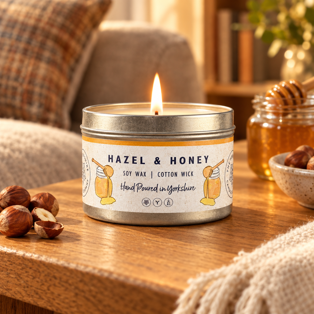 Hazel & Honey candle in a cosy living room