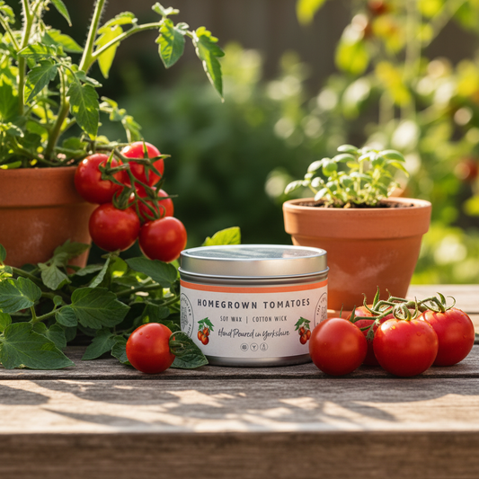 Soy wax  candle in a tin with  'Homegrown Tomatoes' with potted tomato plants and fresh tomatoes on a wooden surface.