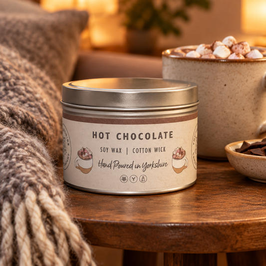 Hot Chocolate candle tin by The Yorkshire Candle Company beside a mug of hot chocolate and a soft wool throw