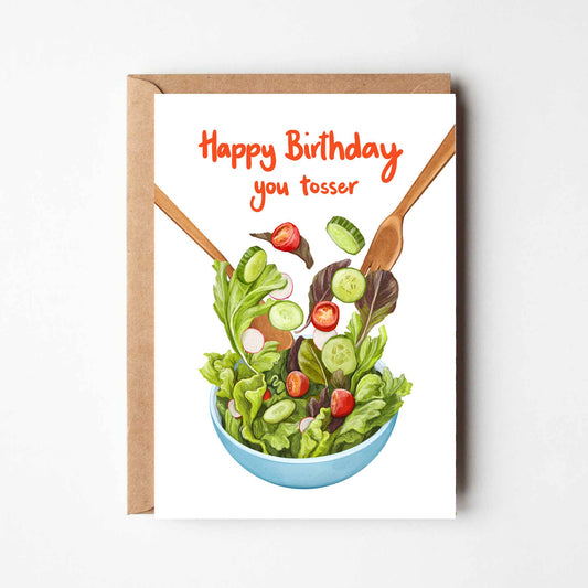 Birthday card with salad illustration and personalized text on a white background