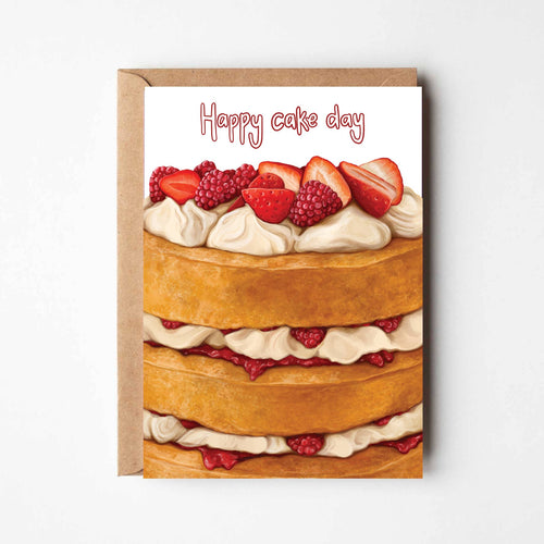 Greeting card with a cake illustration and 'Happy cake day' text on a white background